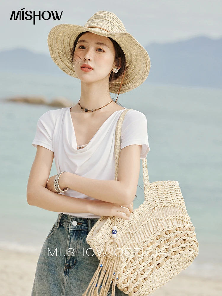 MISHOW Casual Summer Shirts Women 2025 Fashion Short Sleeve Swing Collar Solid T-shirt Female Slim Shell Ribbon Tops MXE33T0524