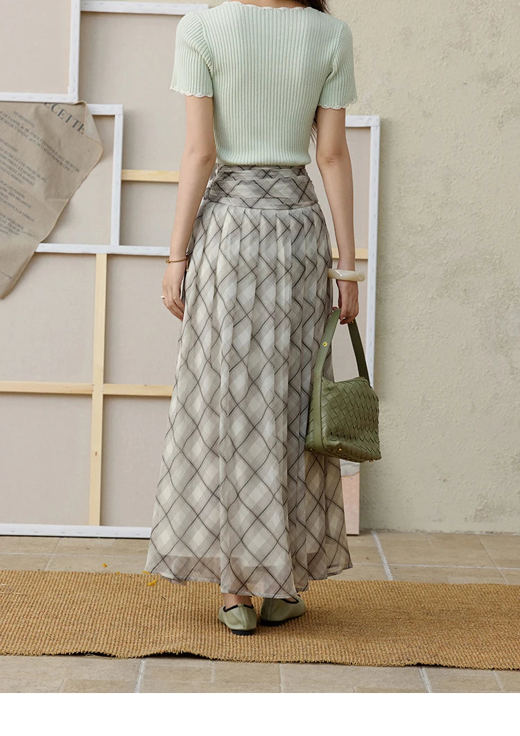 MISHOW Apricot Green Retro Plaid Skirt for Women Summer 2025 Pleated Chiffon High Waist Elegant Slim A-line Skirts MXE35B0747