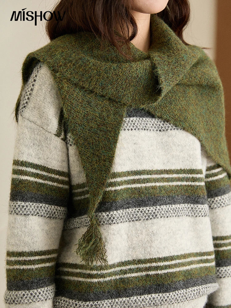 MISHOW Women's Wool Blend Retro Striped Sweater with Scarf Set 2025 Winter Knitted Round Neck Warm Loose Sweaters MXE94Z2987