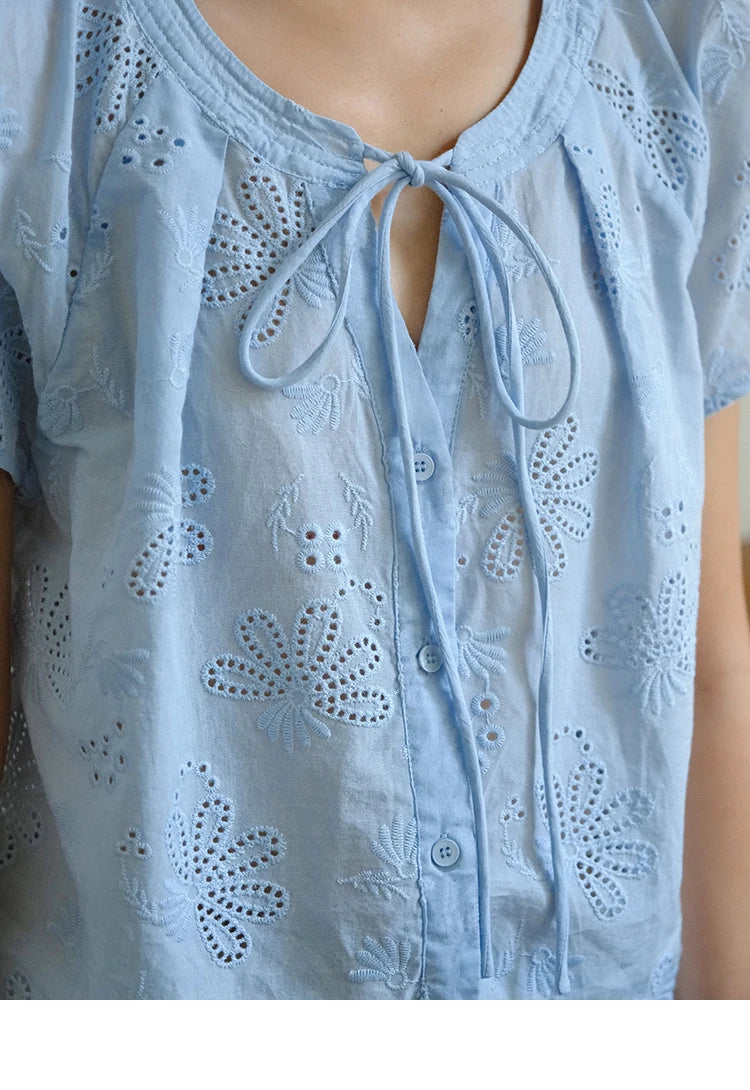 MISHOW Cotton Shirt O-Neck Button Lace Up Hollow Embroidery MXE37X1890