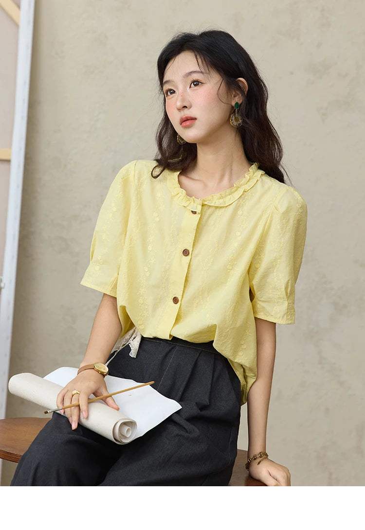 MISHOW 100% Cotton Women's Puff Sleeve Shirt 2025 Summer New Fashion Round Neck Button Top Casual Female Clothing MXE36X1873