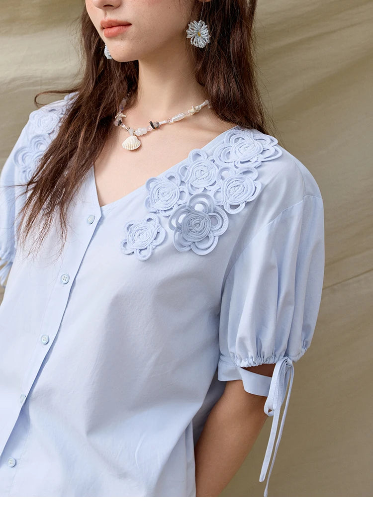 MISHOW French New Shirts Women Summer 2025 Solid Short Sleeve V-neck Embroidered Loose Blouses Female Loose Versatile MXE31X1774