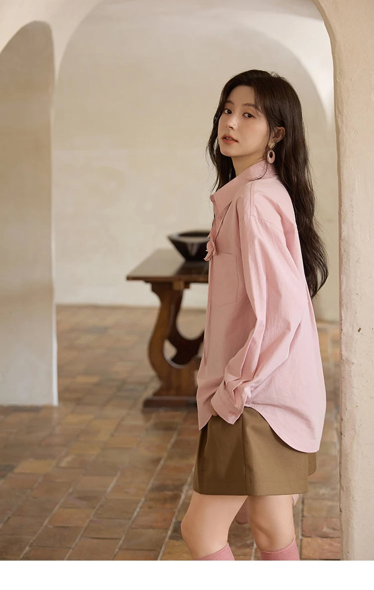 MISHOW 100% Cotton Shirt For Women Autumn 2025 New Fashion Petal Ribbon Button Long Sleeves Shirt Women's Clothing MXE41C2349