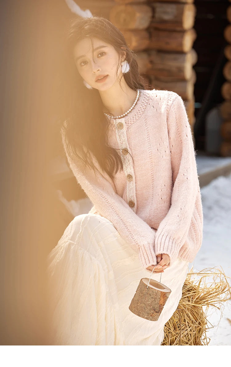 MISHOW Wool Blend Cardigan Pink Sweater 2024 Autumn Winter Women Clothes Sweet Top Knitted Sweater Outerwears MXD56Z1064