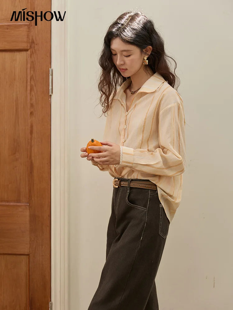 MISHOW Women's Korean Orange Stripe Linen Shirt 2025 Autumn Lapel Collar Lace Trim Cuffs Breathable Shirt Office Lady MXE43C2379