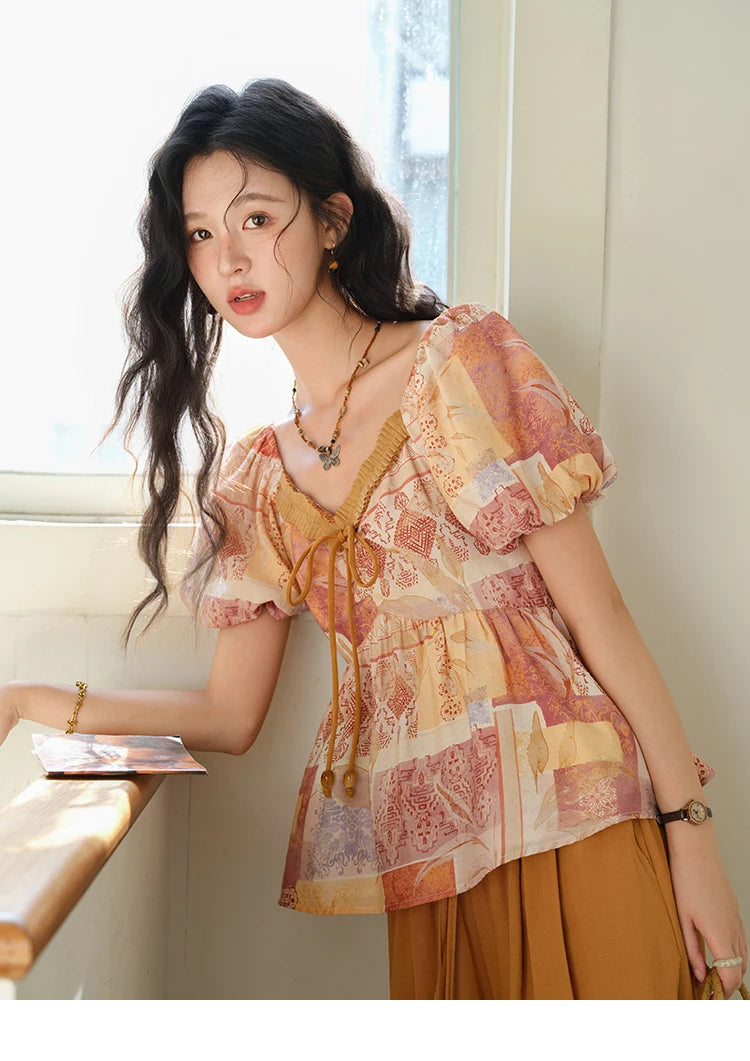 MISHOW V-neck Lace Up Patchwork Blouses for Woman 2025 Summer New Ladies Puff Sleeve Print Loose Top Female Clothing MXE38X1911