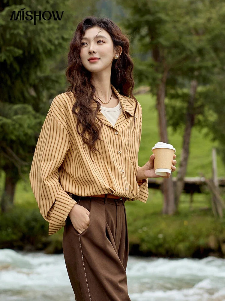 MISHOW Loose Lapel Collar Stripe Fake Two Piece Splicing Shirt for Women 2025 O-neck Asymmetric Square Pocket Shirts MXD43C0303