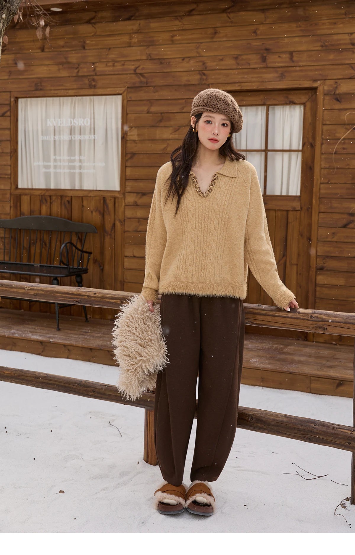 MISHOW Yellow Knitted Sweater for Women 2025 Winter New Long Sleeves Cable Plush Hem Stitching Casual Sweater Luxury MXE88Z2674