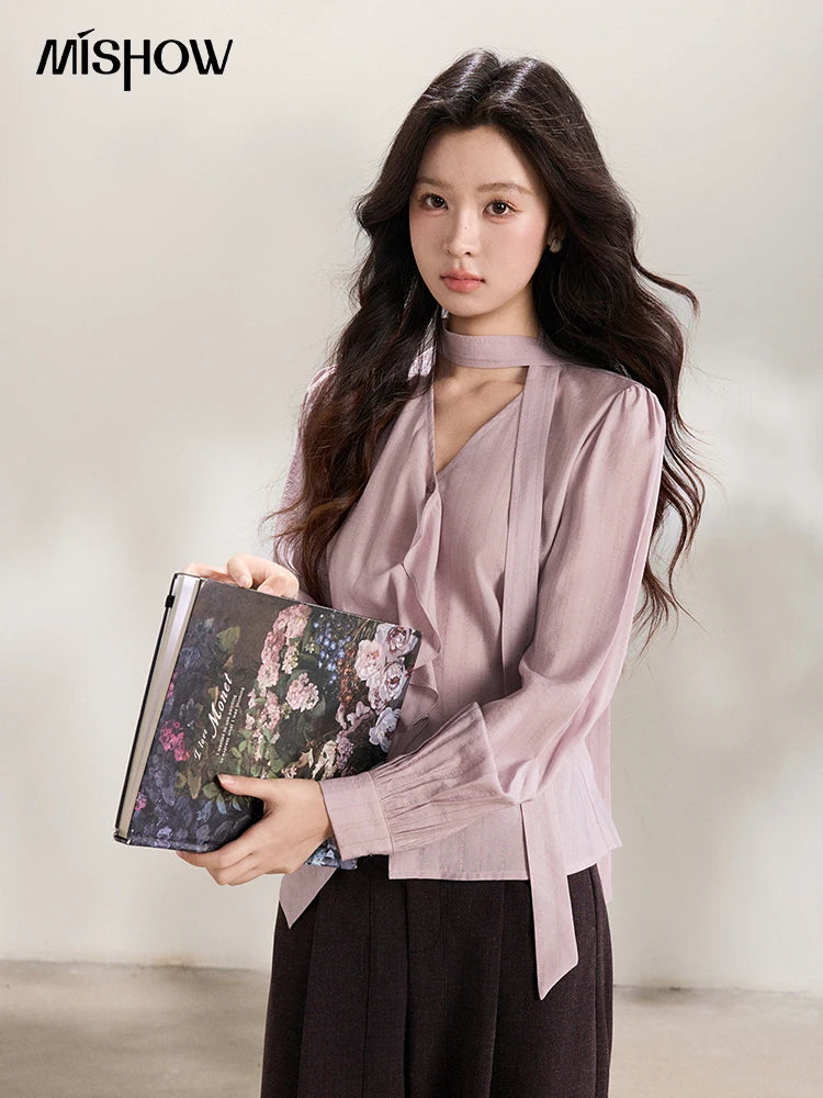 MISHOW Women's Purple Sweet Shirts 2026 Spring Ribbon V-Neck Ruffled Asymmetrical Shirt Back Lace-up Waist Casual Top MXF13X2527