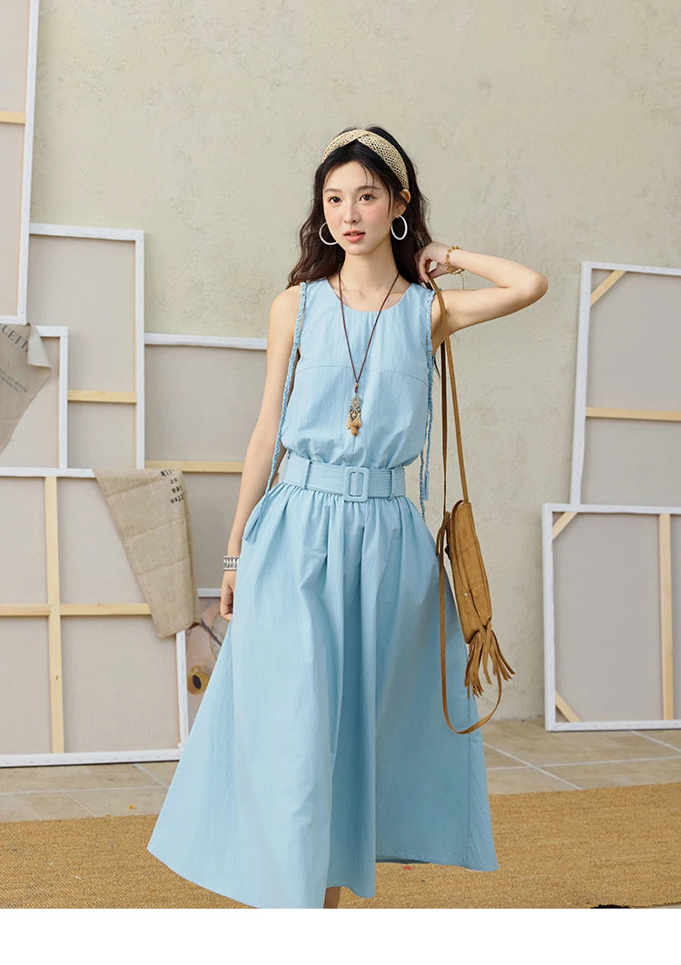 MISHOW Women's Vest Dress 2025 Summer Hand Woven Fried Dough Twists Waist Belt Slim Long Dress A-line Vacation Dress MXE34L2223