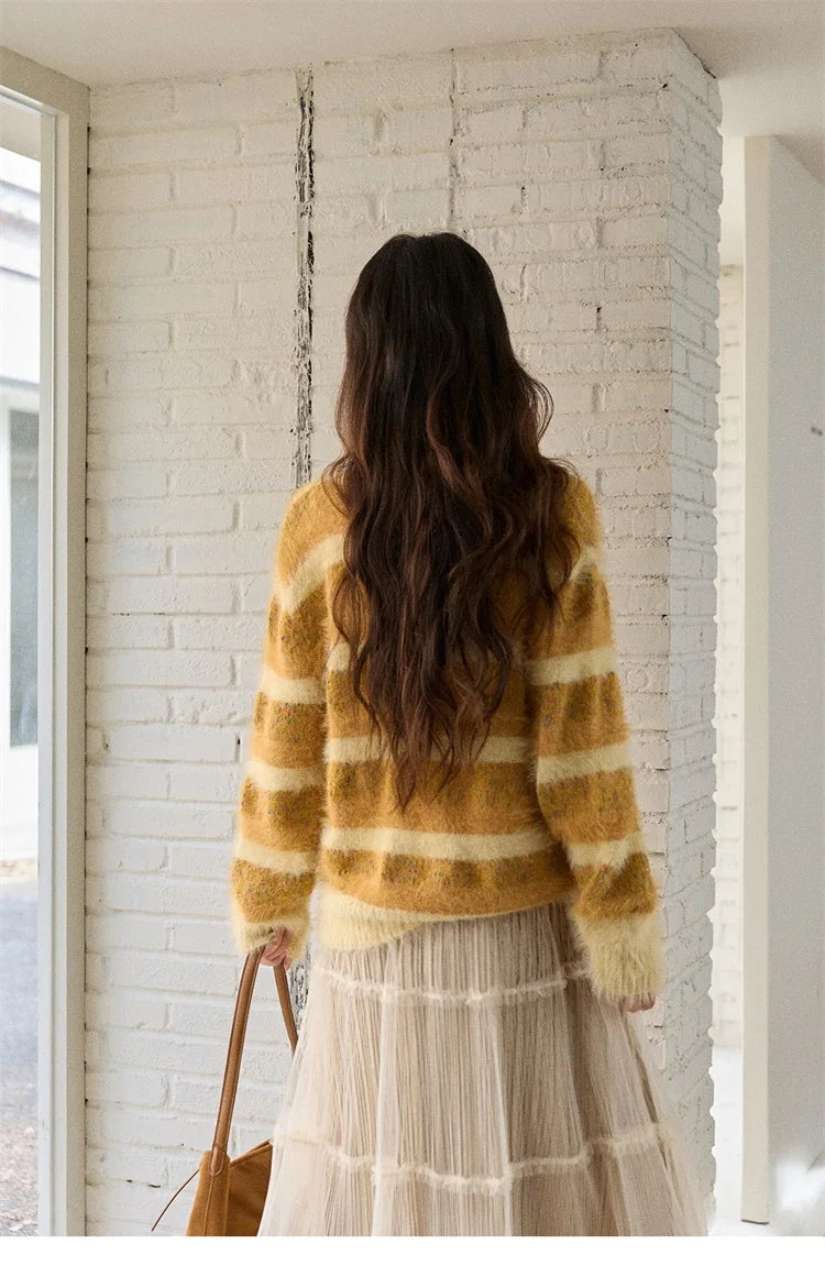 MISHOW Women's V-neck Knit Pullover Retro Yellow Striped Sweater 2025 Casual Faux Mink Jacquard Loose Knit Sweater MXE87Z2766