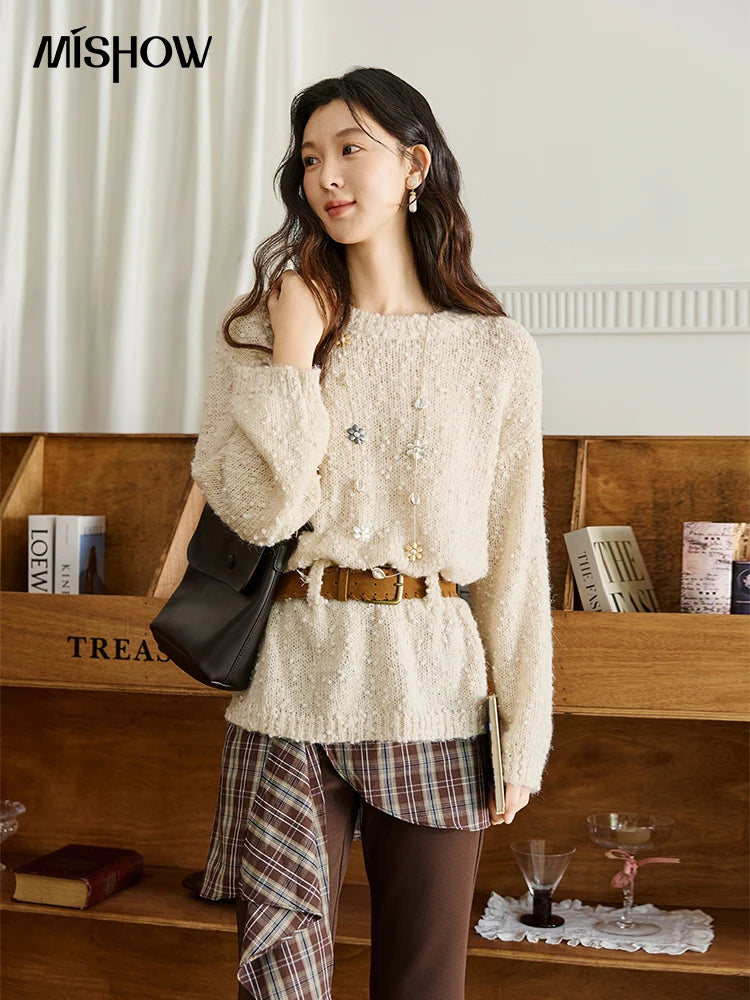MISHOW Sweater Woman Wool 2025 Autumn New Belt Waist Design Drop Shoulder Sleeves Knit Top Commute Pullover Women MXE46Z2582