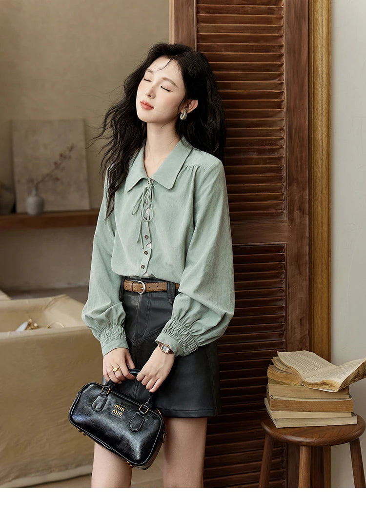 MISHOW Vintage Green Blouse Bow Lace-Up Lantern Sleeve MXD44C0337