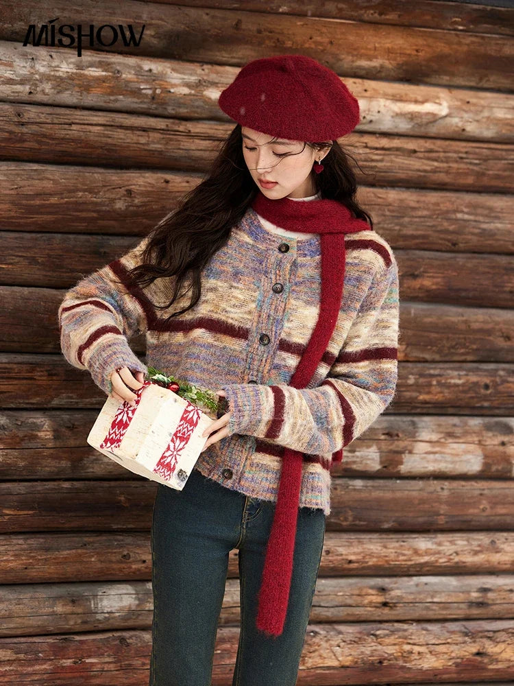 MISHOW Striped Sweaters Short Contrast Color Loose Casual O-Neck Single Breasted Tops Soft Warm Knitted Cardigans MXD59Z1061
