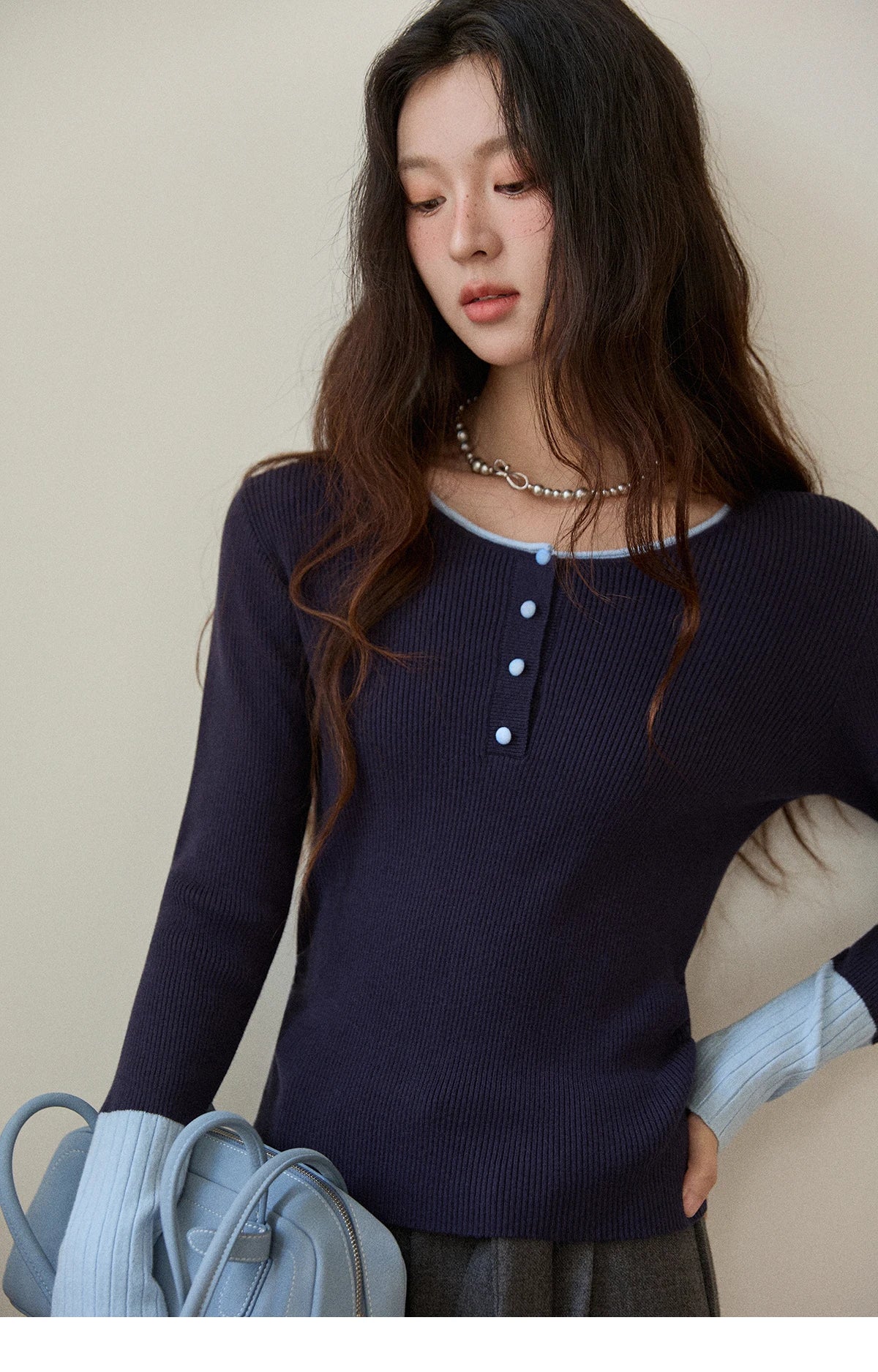 MISHOW Long Sleeves Sweater Women 2025 Winter New Retro Contrast Color Crew Neck Knit Top Comfortable Slim Sweater MXE89Z2639