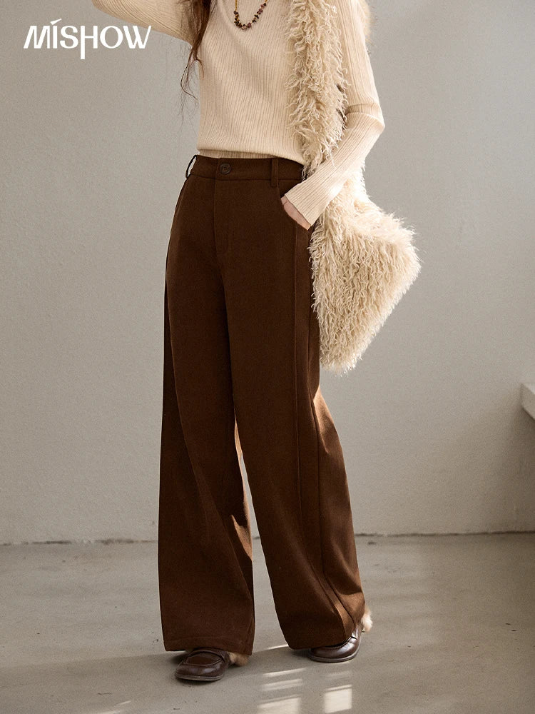 MISHOW Corduroy Straight Leg Pants for Women 2025 Winter Silver Fox Velvet Commuter Trousers Solid Casual Warm Pants MXE91K1125