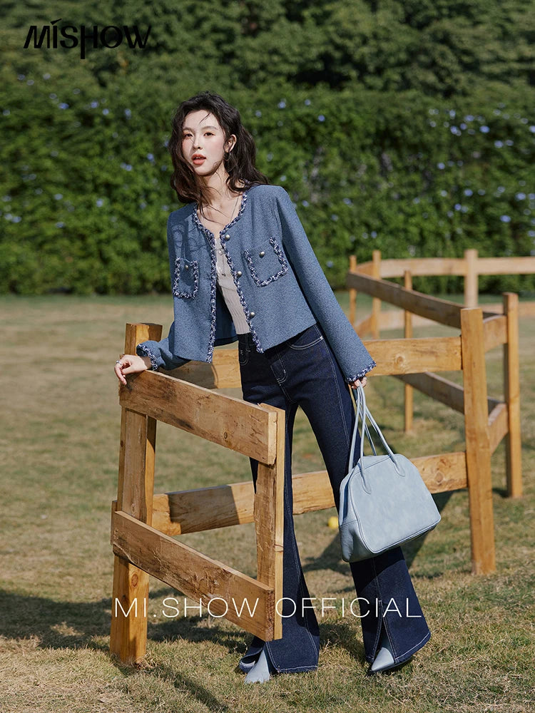 MISHOW Retro Fragrant Style Jacket for Women Spring 2025 Shoulder Pads Coarse Tweed Splicing Ribbon Blue Suit Coats MXE13W0705