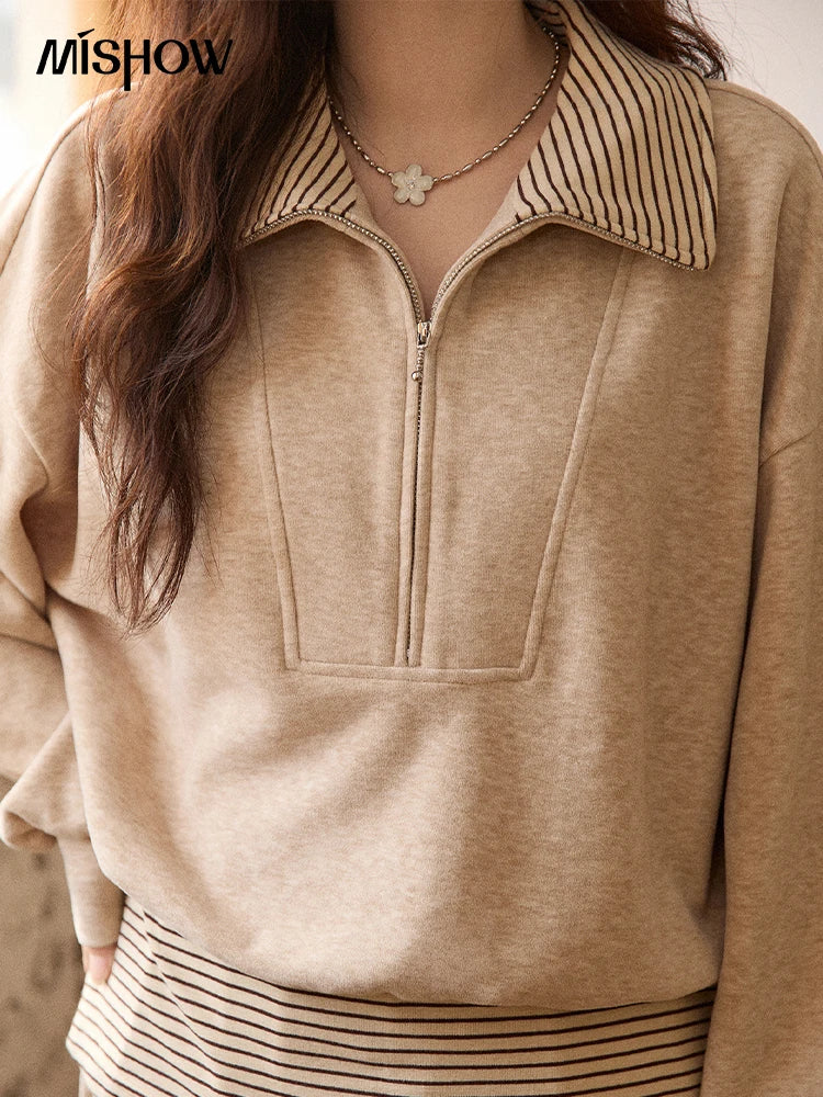 MISHOW Woman Pants Set 2025 Winter Casual Retro Sweatshirt Set Striped Lapel Half-Zip Sweatshirt Wide Leg Pants MXE87T1425