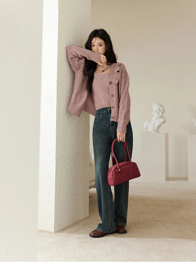 MISHOW Pink Knitwear Camisole Cardigan Separately 2024 Fall Fashion Sweet Knitted Vest Asymmetric Flounce Sweaters MXD45Z0781