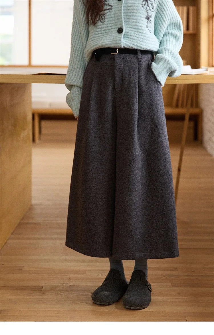 MISHOW Women's Pants 2025 Fashion Gray Wool Wide-leg Pants High-waisted Cropped Retro Style Commuting Pants Warm MXE90K1128