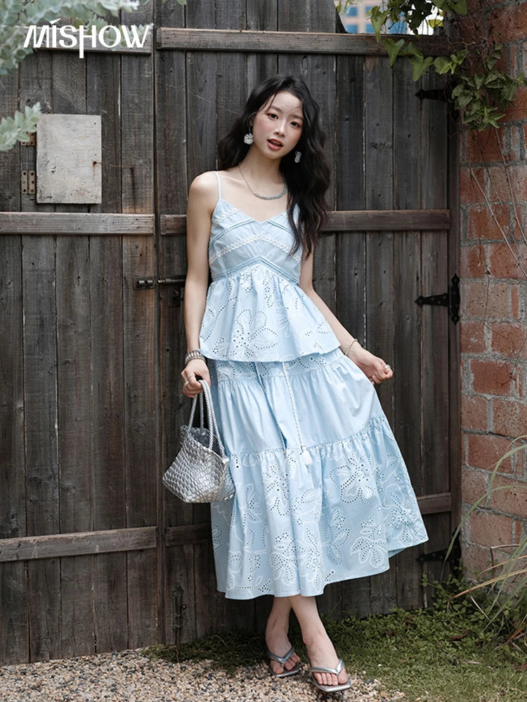 MISHOW Woman 2 Pieces Set 2025 Summer Ladies Fashion Strap V-neck Top Embroidery Flower Hollow Out Drawstring Skirt MXE34T0624