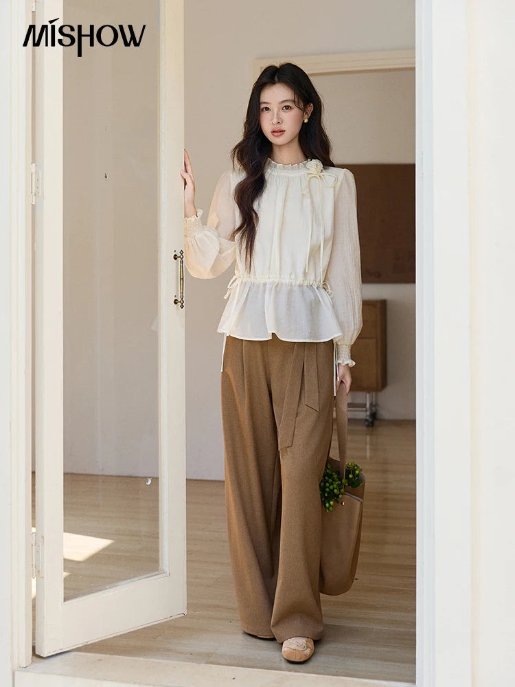 MISHOW Women's Ruffled Stand Collar Blouse 2026 Spring Flower Decor Apricot Blouses Drawstring Waist Puff Sleeve Top MXF11C2428