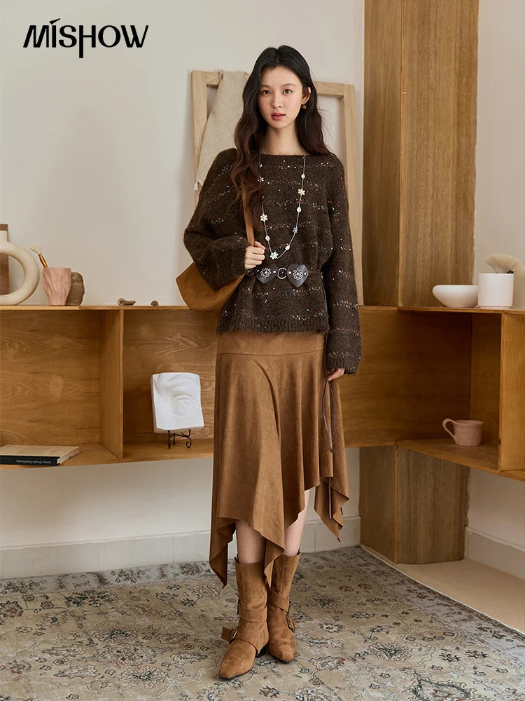 MISHOW Brown Chrysanthemum Yarn Sweaters Women Beltless 2025 Autumn Wool Blend Loose Round Neck Retro Knitted Tops MXE47Z2574