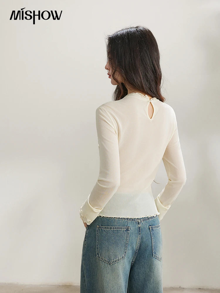 MISHOW Women's Ruffled Crew Neck Interior T-shirt 2026 Spring Lightweight Transparent Mesh Tops Slim Casual T-Shirt MXF11Z2914