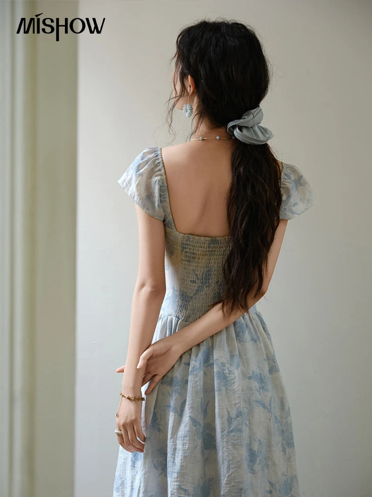 MISHOW Women's Fashion Print Dress 2025 Summer Square Neck Flying Sleeve Vacation High Waist Dresses Women's Clothing MXE35L2274