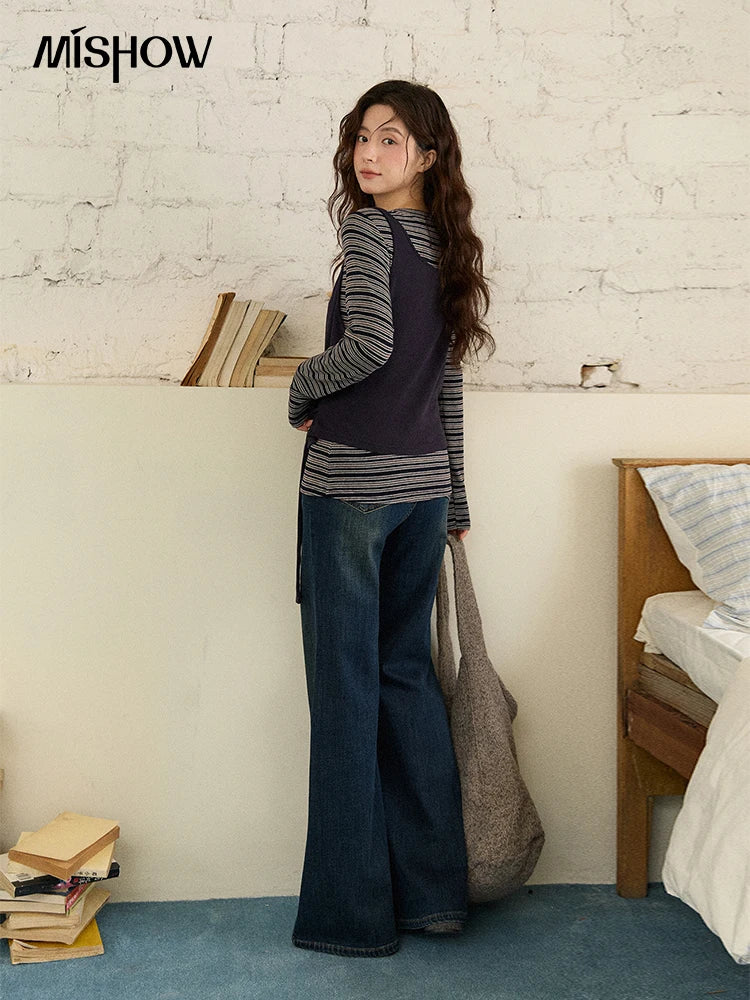 MISHOW Women's Two-Piece Set, 2025 Winter New Retro Casual Round Neck Long Sleeve Striped Top with Tie-Waist Camisole MXE87T1430