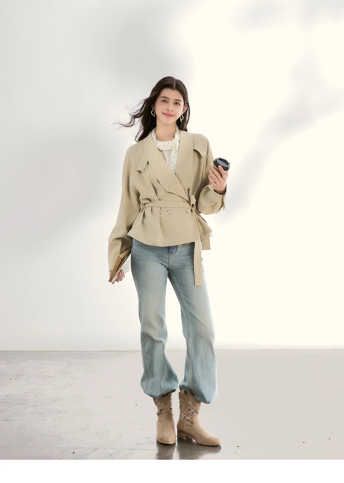 MISHOW Women's Khaki Belted Waist Coat 2026 Spring Lapel Double-breasted Coats female Casual Short Jacket Office Lady MXF13W1056