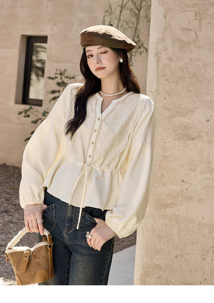 MISHOW Women's French V-neck Blouse Lace Lantern Sleeve Long-sleeved Blouses 2024 Fall Tie Drawstring Waist Slim Tops MXD45X1660