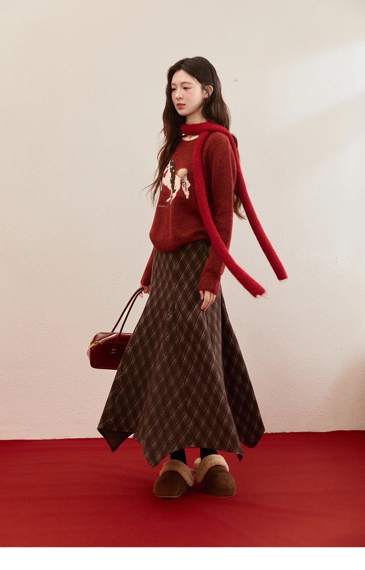 MISHOW Women's Christmas Red Jacquard Embroidered Pony Sweater 2025 Winter Thick Knitted Tops (Scarf Not Included) MXE94Z2861