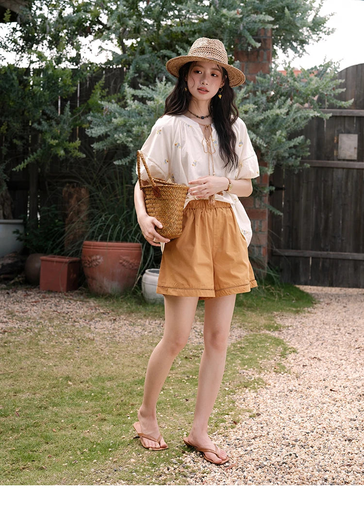 MISHOW Women Two-Piece Set 2025 Summer Puff Sleeve Lace Up Top Hollow Lace Spliced Elastic Waist Shorts Ladies Set MXE38T0684