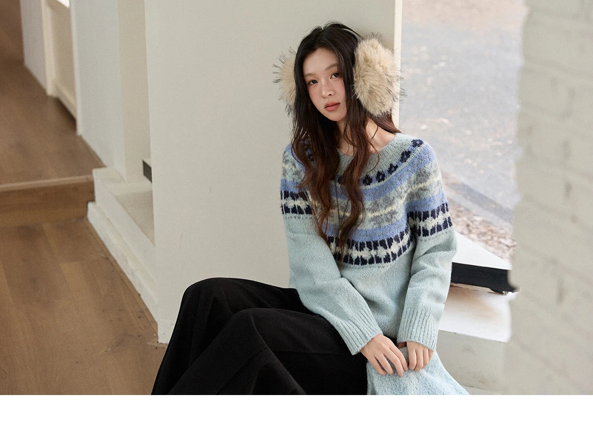 MISHOW Women's Blue Fair Isle Sweater 2025 Winter Geometric Jacquard Loose Retro Wool Blend Knit Pullovers Sweaters MXE87Z2767