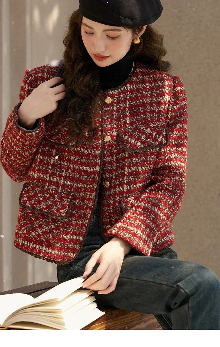 MISHOW Tweed Jacket for Women Luxury 2025 Winter Wool Blend Thick Coat High Quality Fashion Crew Neck Outerwear Top MXC57Y0021