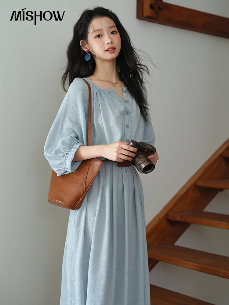 MISHOW Women's Half Sleeve Button Bamboo Knot Dress with Bohemian Belt 2025 Autumn Blue Long Dress Ladies Clothing MXE20L2468