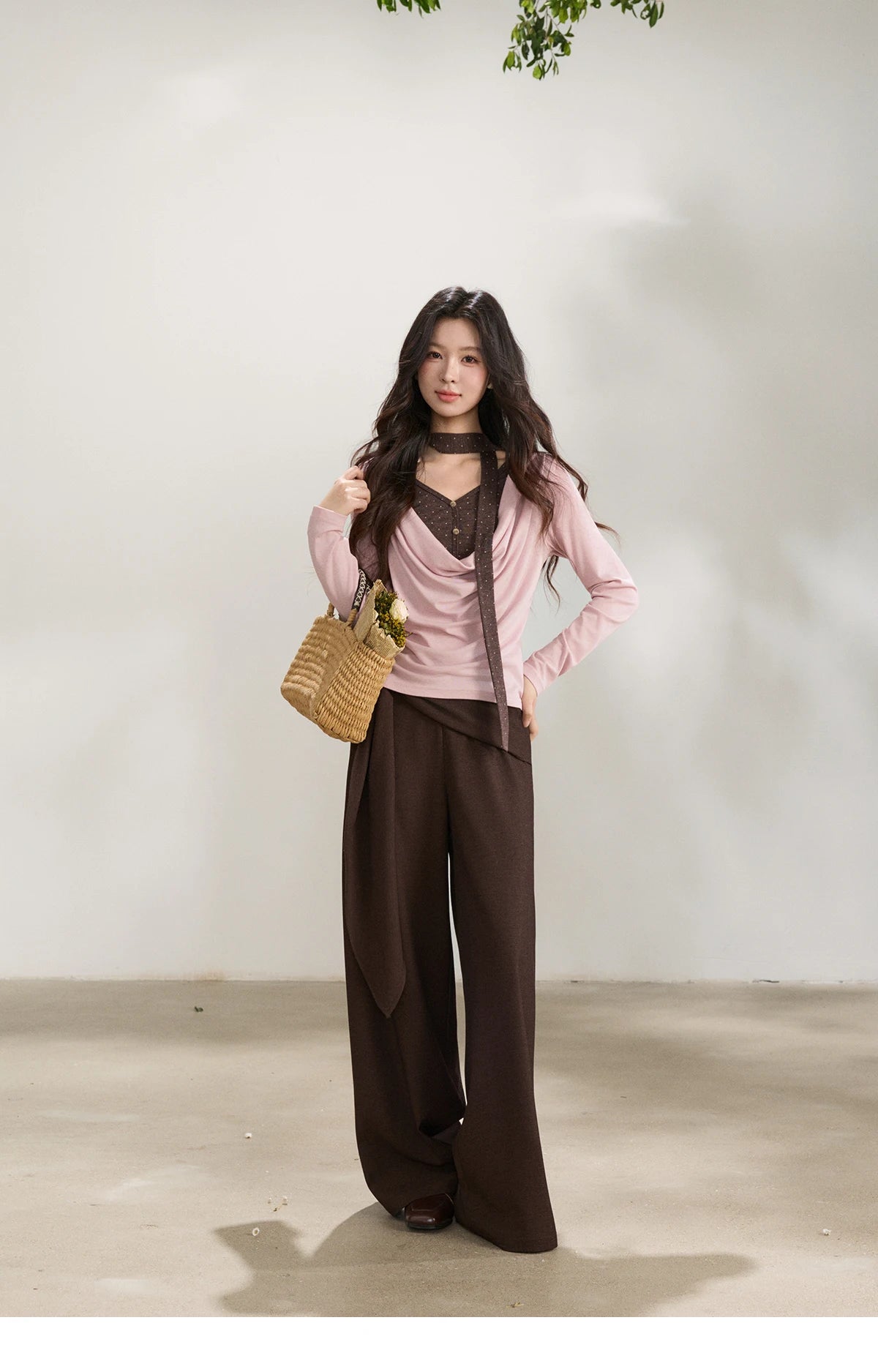 MISHOW Women's Wool Blend Fake Two Piece Draped Neck Knit Top 2026 Spring Wave Point Ribbon Contrast Color Casual Top MXF13Z2977