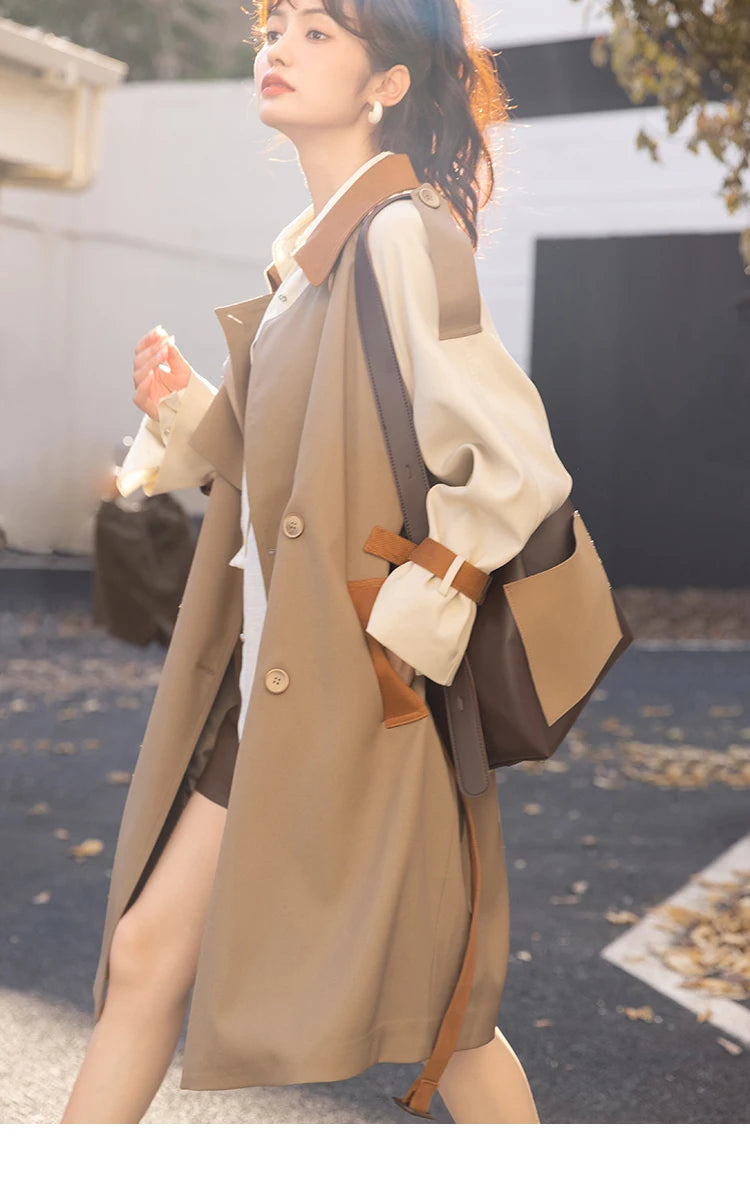 MISHOW Autumn Women's Khaki Trench Contrast Color Woman Clothes Spliced Turn-down Collar All-match Casual Jacket MXB31W0367