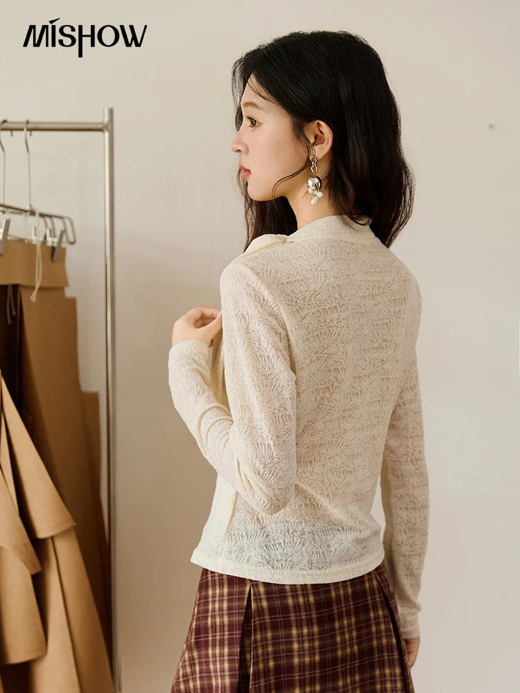 MISHOW Lace Base Tops for Women Autumn 2025 Retro Stand Neck Lace Up Bow Thin Sweater Apricot Waist Knitted Inner Top MXE45Z1382