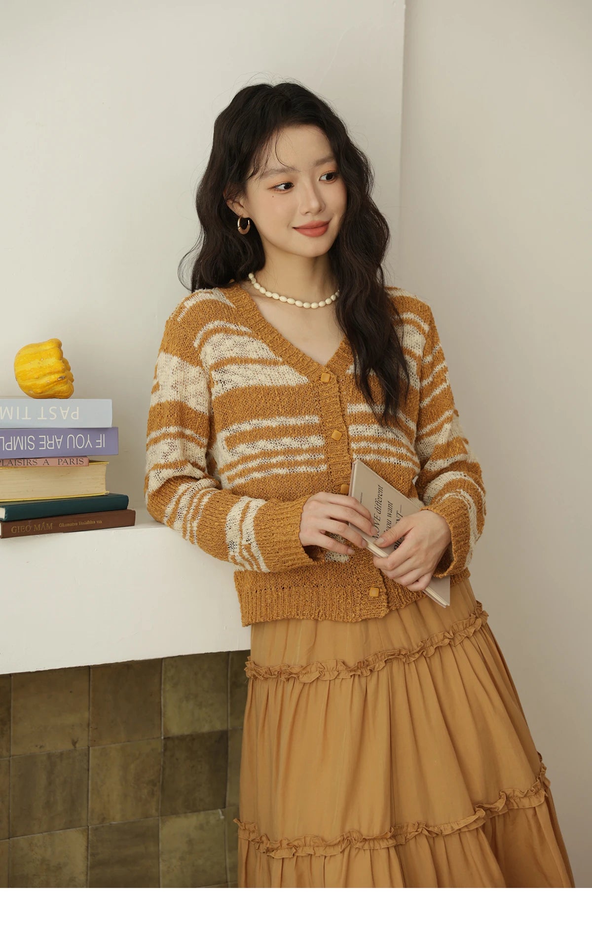 MISHOW Women's Striped Cardigan 2025 Autumn New Retro Yellow V-neck Long Sleeves Single-breasted Short Sweater Coats MXE44Z2516