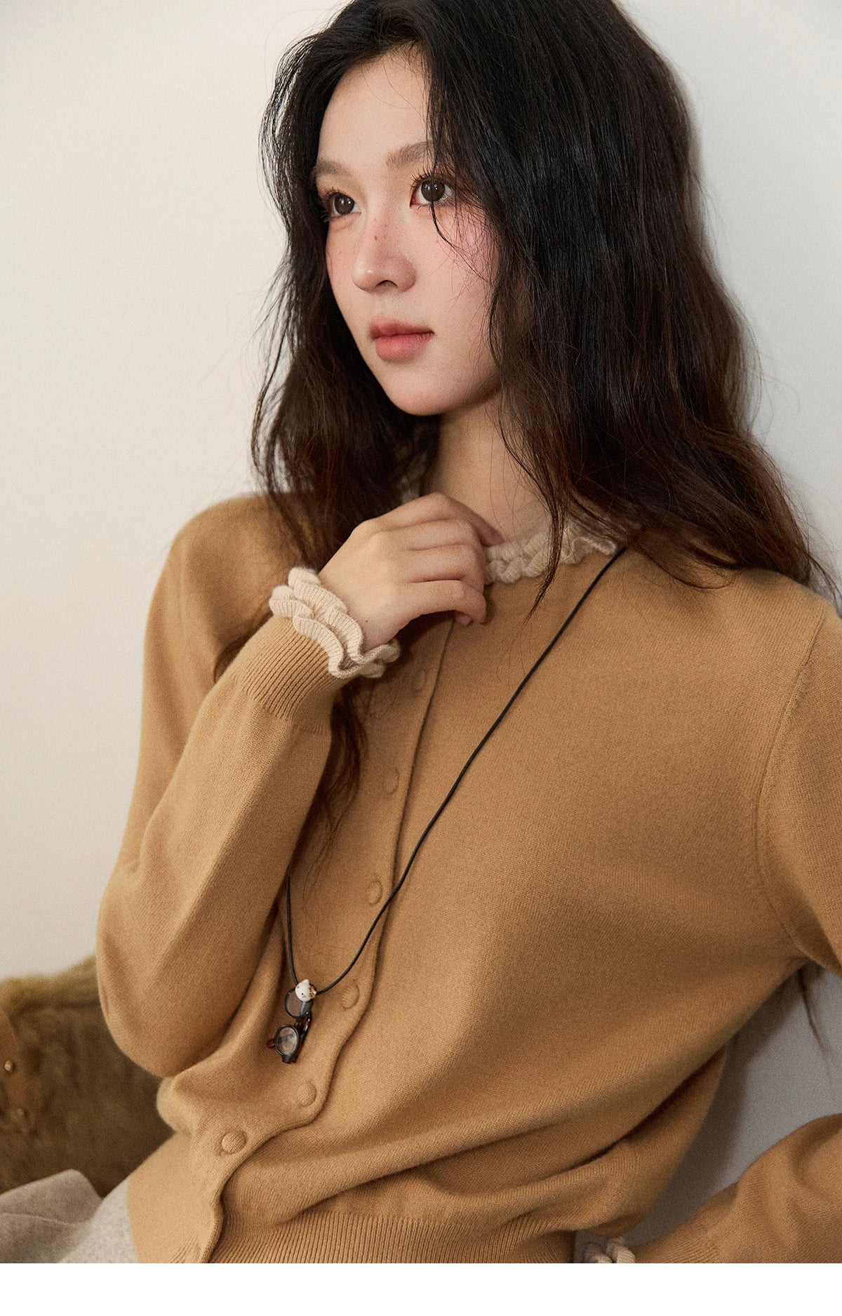 MISHOW Women Knit Cardigan Long Sleeve 2025 Winter Retro Ruffle O-neck Knitted Sweater Loose Casual Commute Khaki Top MXE91Z2749