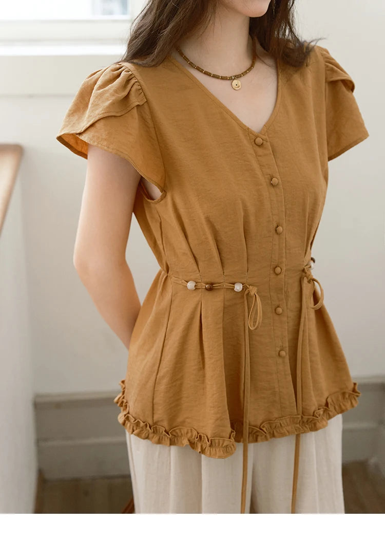 MISHOW Women's Petal Sleeve Slim Shirt 2025 Summer New V-neck Button Bead belt Black Fungus Edge Top Ladies Clothing MXE39X1881