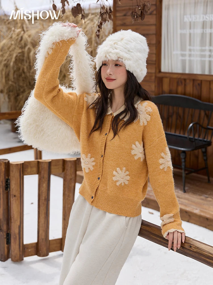 MISHOW Yellow Retro Jacquard Cardigan Women 2025 Autumn Winter Lazy Style Turn-down Collar Loose Sweater Office Lady MXE88Z2691