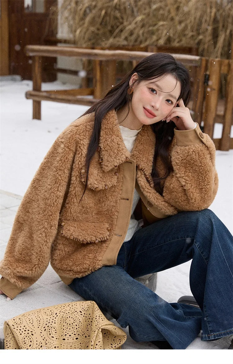 MISHOW Faux Lambskin Coat Women 2025 Winter Retro Turn-down Collar Brown Coat Office Lady Loose Warm Casual Jackets MXE89W0896