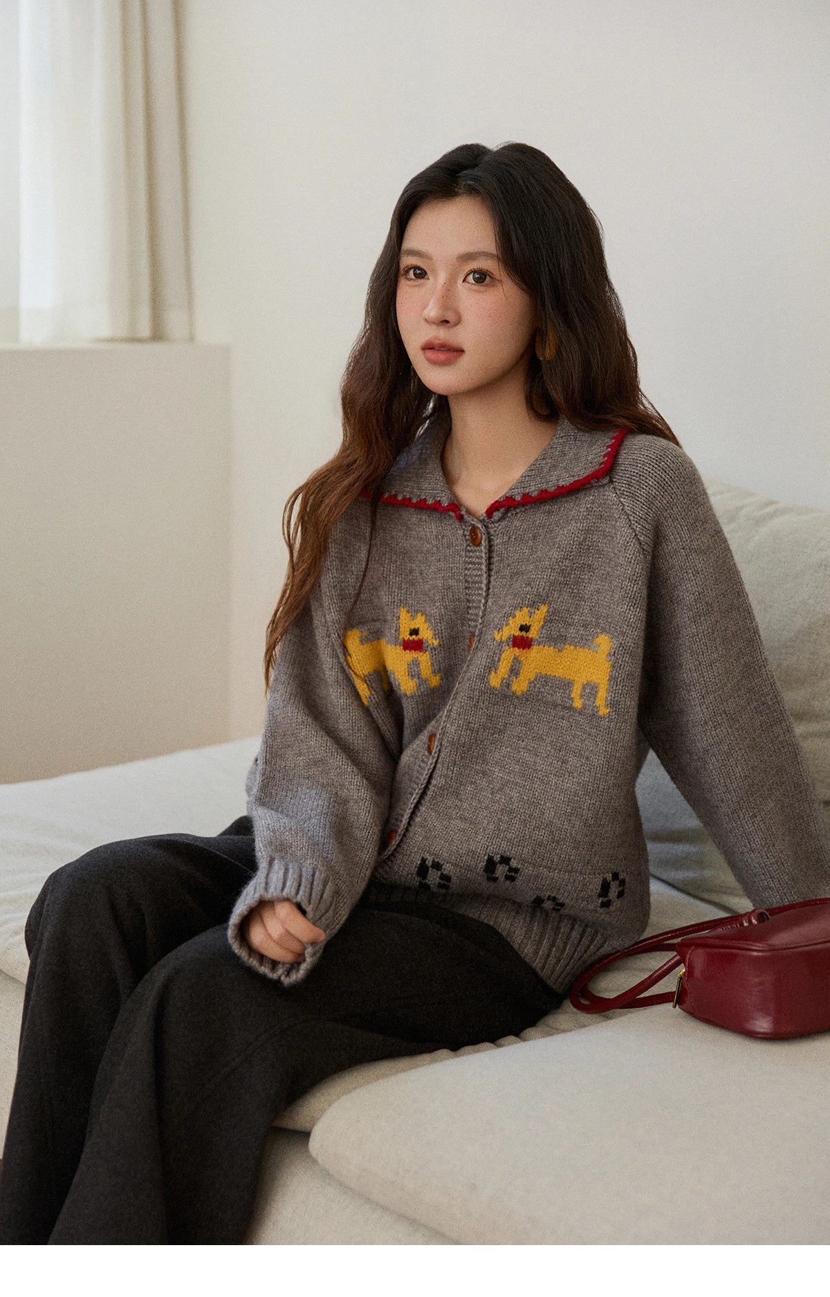 MISHOW Dog Cartoon Jacquard Knitted Cardigan for Women 2025 Loose Retro Turn-down Collar Casual Women's Sweaters MXE86Z2727