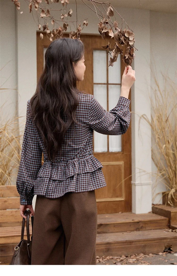 MISHOW Retro Blue Plaid Shirt for Women 2025 Autumn Winter Lapel Lantern Sleeves Ruffled Hem Top Slim Casual Shirt MXE89C2420