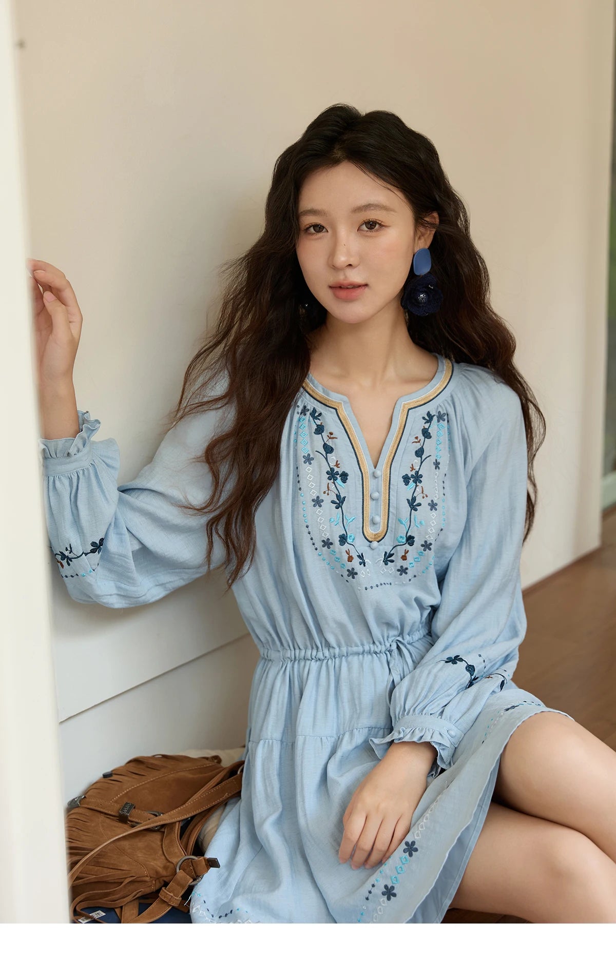 MISHOW Woman Long Sleeve Dress Autumn Elegant V-neck Embroidered Drawstring Waist Dress A-line Bohemian Midi Dresses MXE44L2489