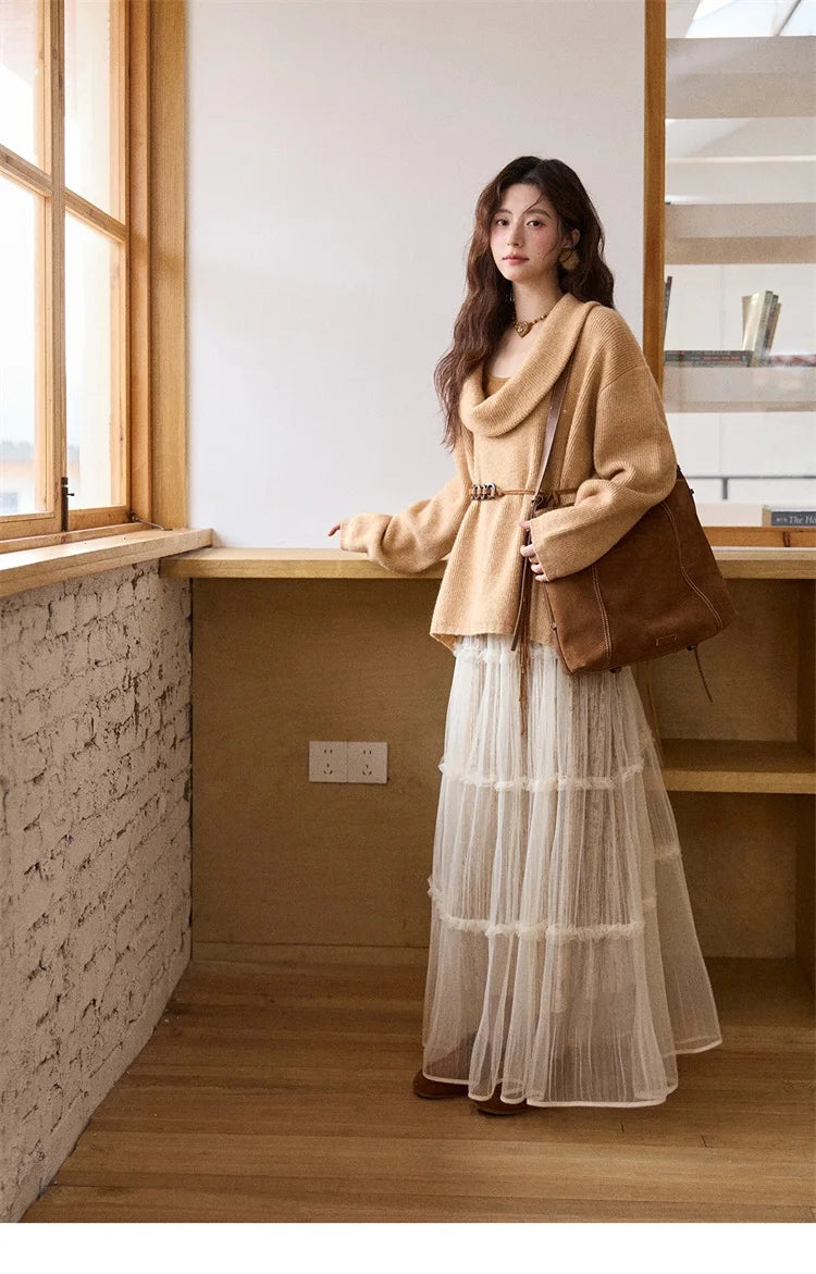 MISHOW Women's Orange Sweater 2025 Winter French Style Luxury Loose Long-sleeved Sweater Vest Belt Three-piece Set  MXE86T1437