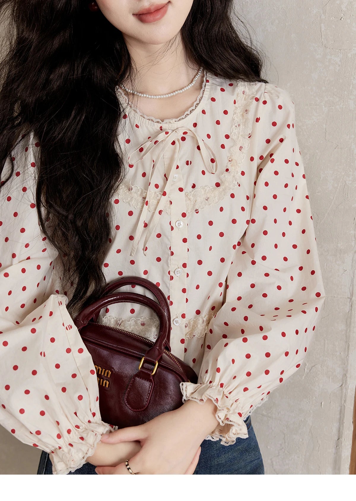 MISHOW Lace Up Polka Dot Round Neck Lace Shirt for Women Autumn 2024 Thin Sweets Shirt Elastic Petal Cuffs Chic Top MXD44X1667